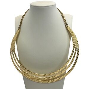 Gold Tone Triple Tiered Woven Textured Statement Bib Necklace Y2K Choker 90s